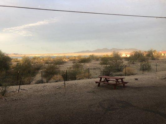 View of the picnic bench and lake Havasu from the window of room 113.