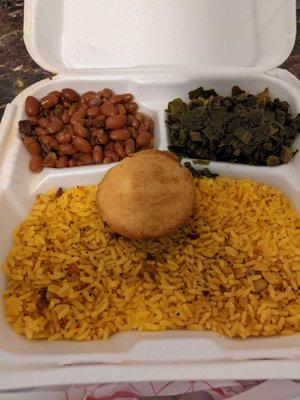 Sides with the rib dinner. Beans and greens, very nice. Comes with rice and dry cornbread.