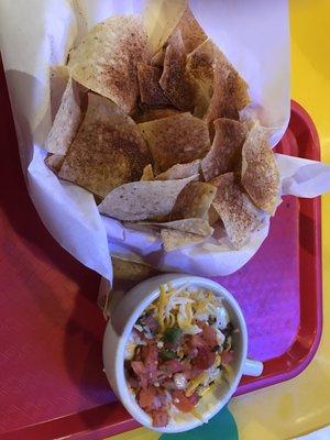 Chips and queso with beef - chips utterly blanketed with seasoning.