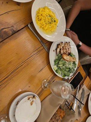 Butter noodles and Ceasar salad with chicken