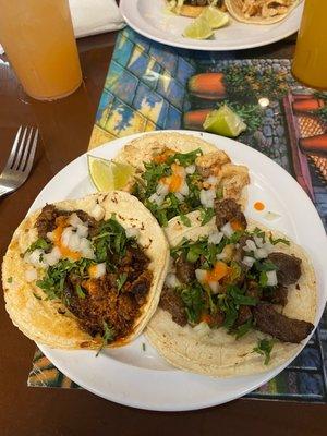 Beef, chorizo, chicken tacos