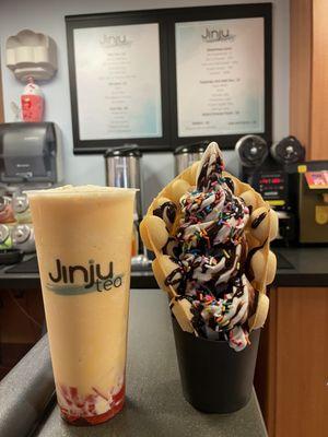 Mango Blended w/ Strawberry Jelly and Bubble Waffle w/ Vanilla/Chocolate Swirl, Sprinkles, and Chocolate Drizzle.