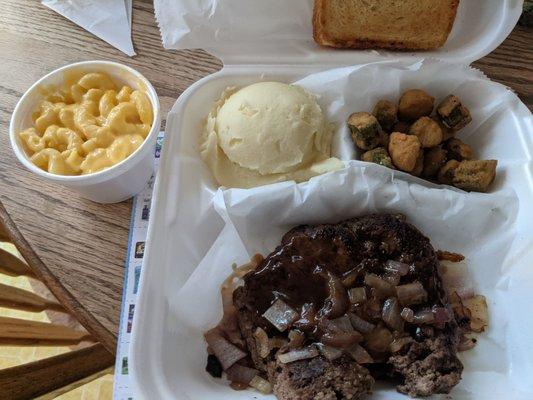 Hamburger steak, okra, mashed potatoes, and Mac and cheese (skip this side)