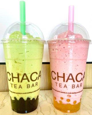 Avocado with boba and strawberry smoothie with mango popping boba