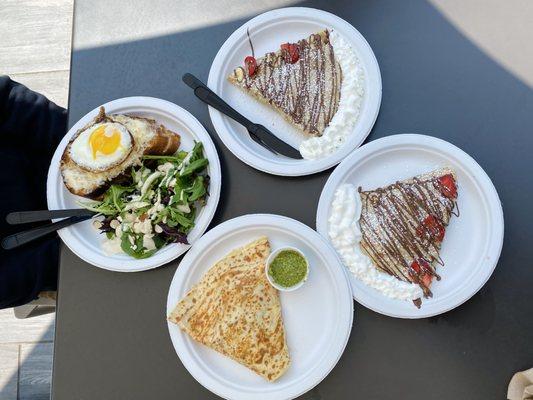 croque madame (comes with spring mix salad), troyes crepe with pesto, two bordeaux crepes