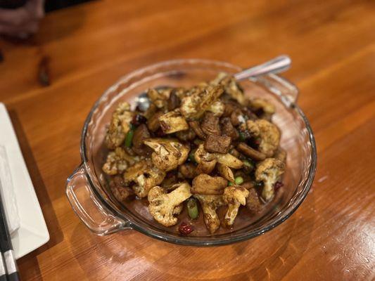 Fried Pork Rind Bits with Sauted Cauliflower