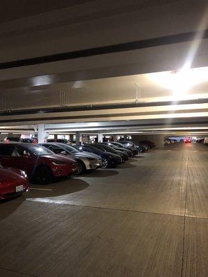 A row of 9 Teslas charging.