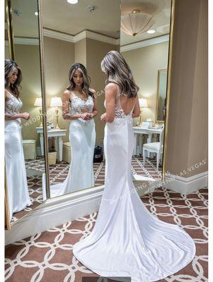 Beautiful spacious Bridal dressing room with separate bathroom, some seating, large mirrors, hooks to hang dress, water provided