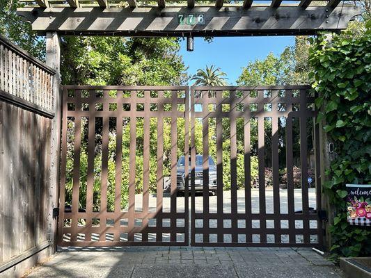 New gate view from the outside driveway area. (This gate was created from pictures of one that we liked).