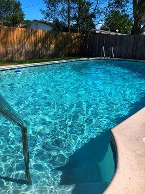 Sparkling St. Pete pool after leaves, debris, and pollen removed with our premium pool service. (After)