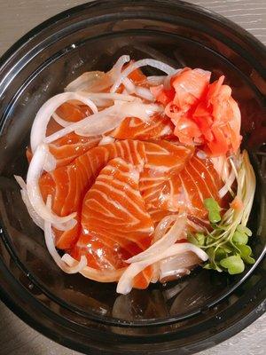 Marinated Salmon (idk whats it called sorry) but it taste like marinated crab which is so good. The onions are sweet too