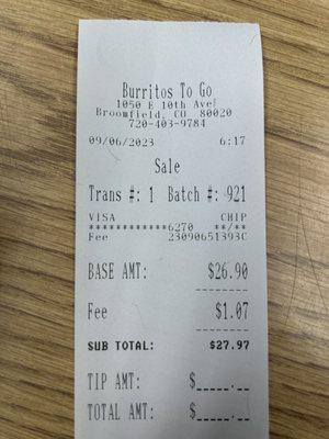 Receipt for 3 breakfast burritos   28$ Total