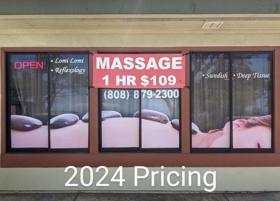 Current pricing. 60 min, light pressure, relaxing massage. Pic taken Sept 5, 2024. Therapeutic and Hot Stone upgrades available.