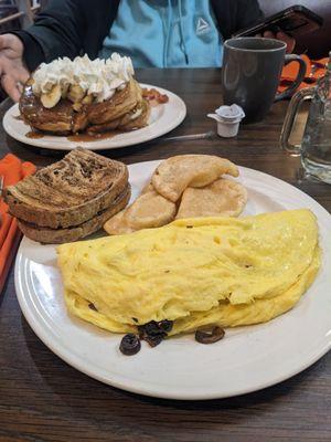 Built omelet, rye toast, pierogi's and banana French toast