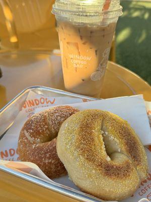 Sea salt Bagel and and iced vanilla espresso