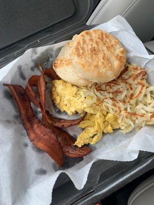 2 eggs, bacon, hash brown, biscuits