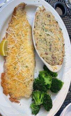 Parmesan crusted whitefish, mashed potatoes, broccoli, $26