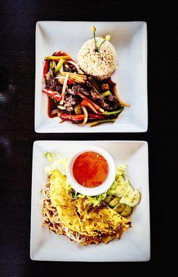 Vietnamese crepe (bánh xèo) and ginger garlic stir fry with wagyu beef.