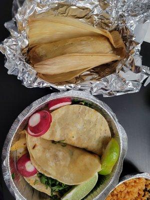 Al pastor tacos and chicken tamale