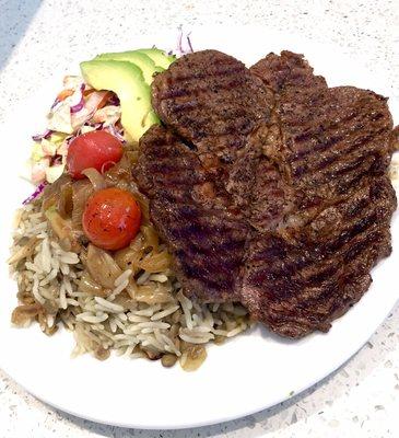 Butterfly Rib Eye Steak, Rice and Garden Salad... $17.00