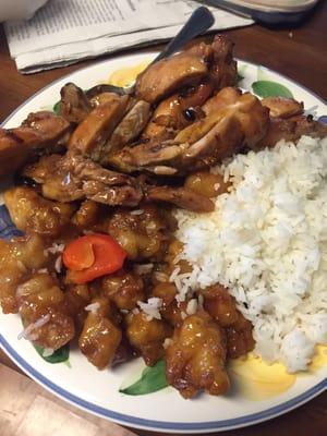 Sweet and sour pork, teriyaki chicken, white rice