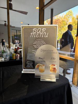 Bar menu with signature cocktail curated for the bride and groom!