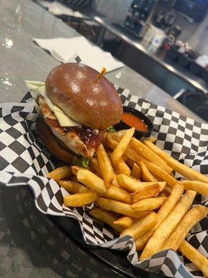 BBQ GRILLED CHICKEN SANDWICH WITH A SIDE OF BUFFALO SAUCE AND FRIES