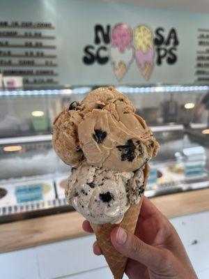 Double scoop as big as my head. Salted caramel brownie and cookies and cream in a house made waffle cone (also tasty)