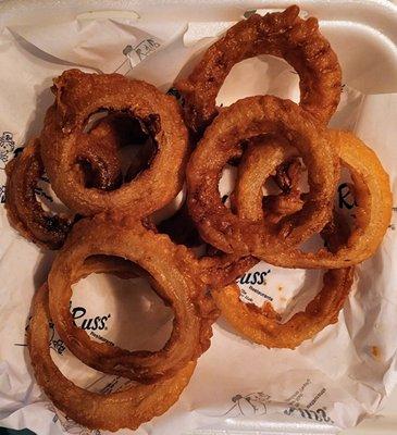 The batter on the hand cut and battered onion rings was crispy and delicious.