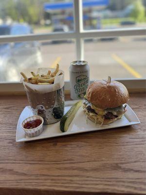 The Bay Burger, Fresh Cut Fries and a cold Green State beer.