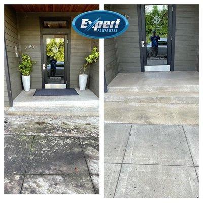 Concrete cleaning. We used a specialty process to remove the tannin stains from this sidewalk.