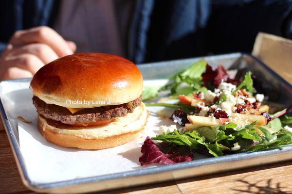 The RS Burger ($12.79) - lettuce, tomato, caramelized onions, cheddar, RS sauce