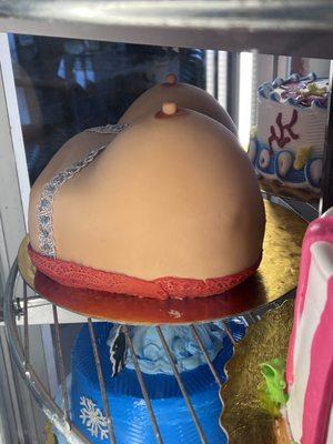 Red lace boob cake, more of a c/d cup.