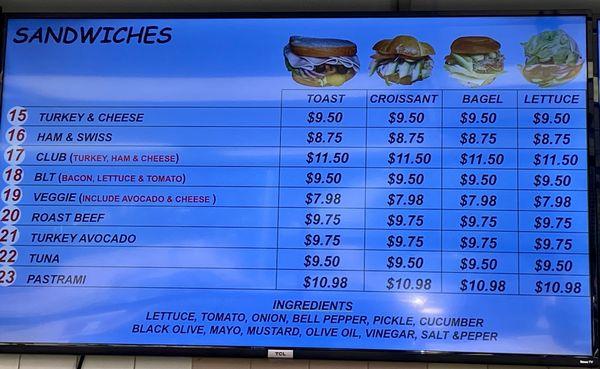 Sandwich menu