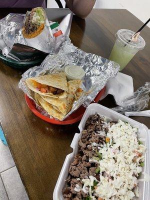 Shrimp Quesadilla, Steak Burrito, steak burrito bowl