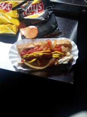 Bacon wrapped hot dog with everything