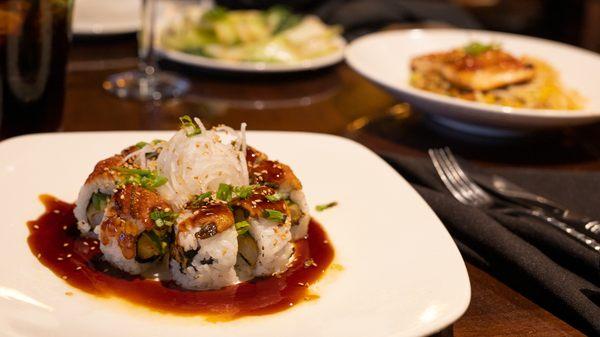 Fire Dragon Roll: (tableside fire finished) shrimp tempura, avocado, jalapeño, freshwater eel, furikake, eel sauce