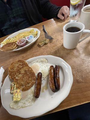 2 egg, sausage and grilled English muffin and Mexican omelet with grilled english