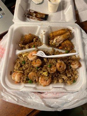 Shrimp fried rice  Honey garlic pepper wings