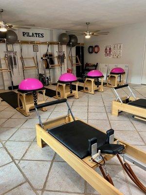 All set up for Combo class.  The group class uses the tower unit and the low chairs.  We throw in the BOSU for an added challenge!