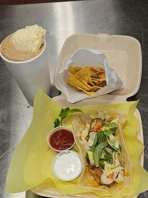 Fish taco and ice cream float