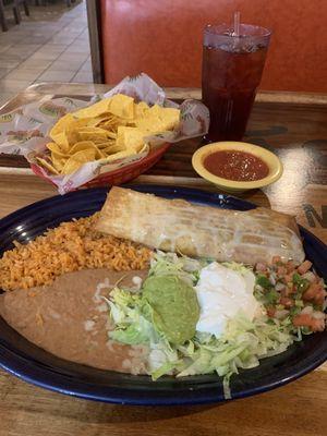 Chimichanga with nachos and dip!