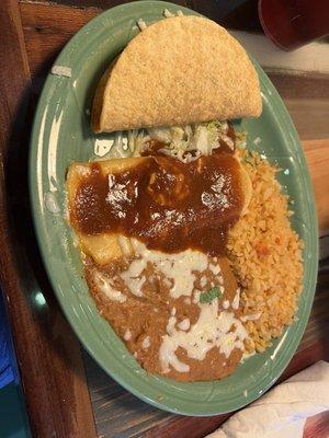 Taco, cheese enchilada, rice and beans