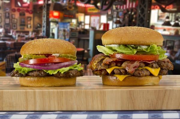 Char-broiled hamburger and double bacon cheeseburger.