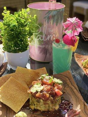 Ahi-Tuna Stack paired with a refreshing Blue Hawaiian cocktail! The perfect dinner at a fun family restaurant.