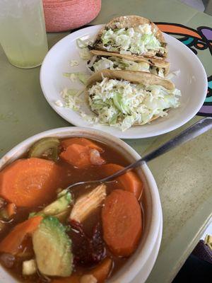 Tacos de calabacitas and rajas with a side of tlalpeño soup