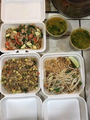 Basil chicken, pineapple fried rice, pad Thai, green curry