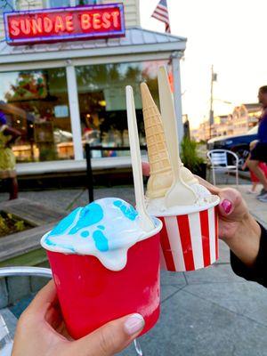 Double scoop smurf with marshmallow topping