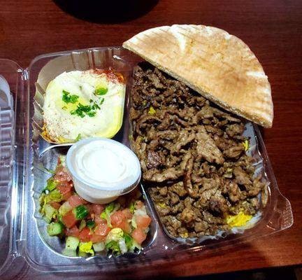 Lamb & Beef Shawarma Platter (With Fresh Hummus, Rice, Pickled Salad, & Pita Bread)