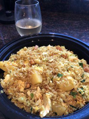 Island fried rice with pineapple, chicken, shrimp, cashews.